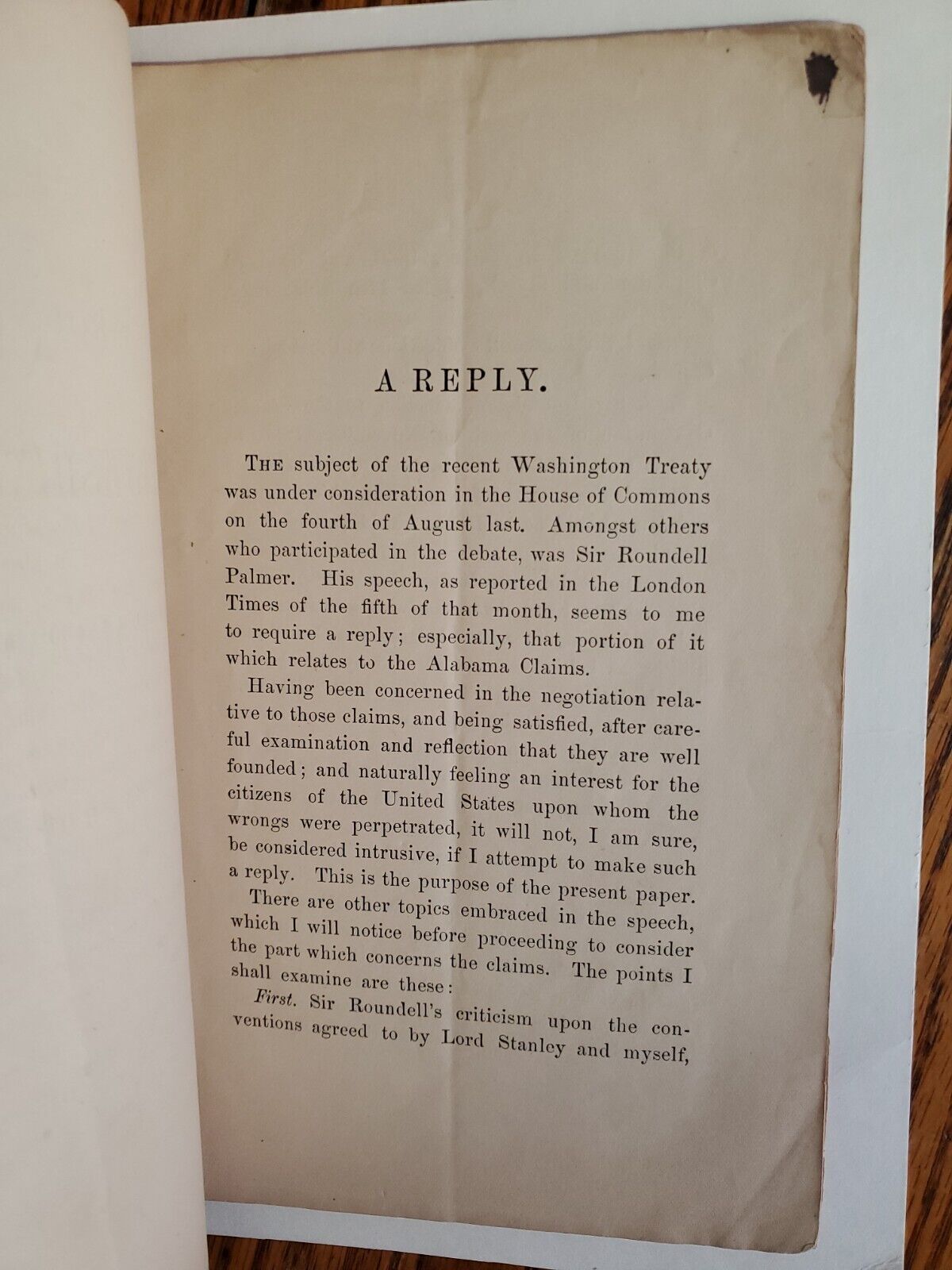 A Reply to a Recent Speech of Sir Roundell Palmer On The Washington Treaty